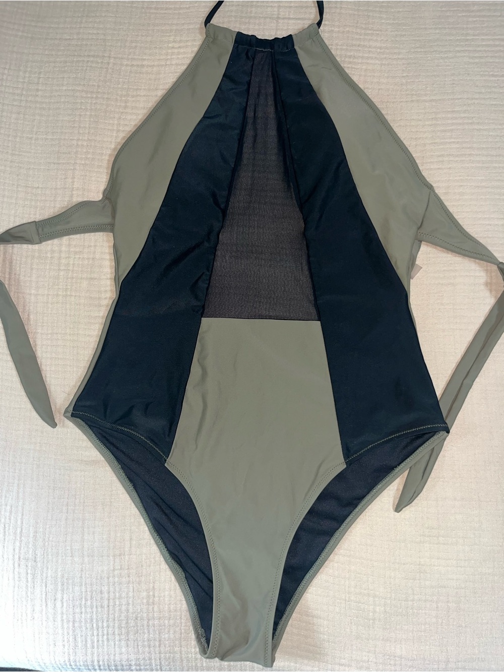 Cupshe Olive and Black Halter-Tie, w/tie back and mesh center One-Piece Swimsuit
